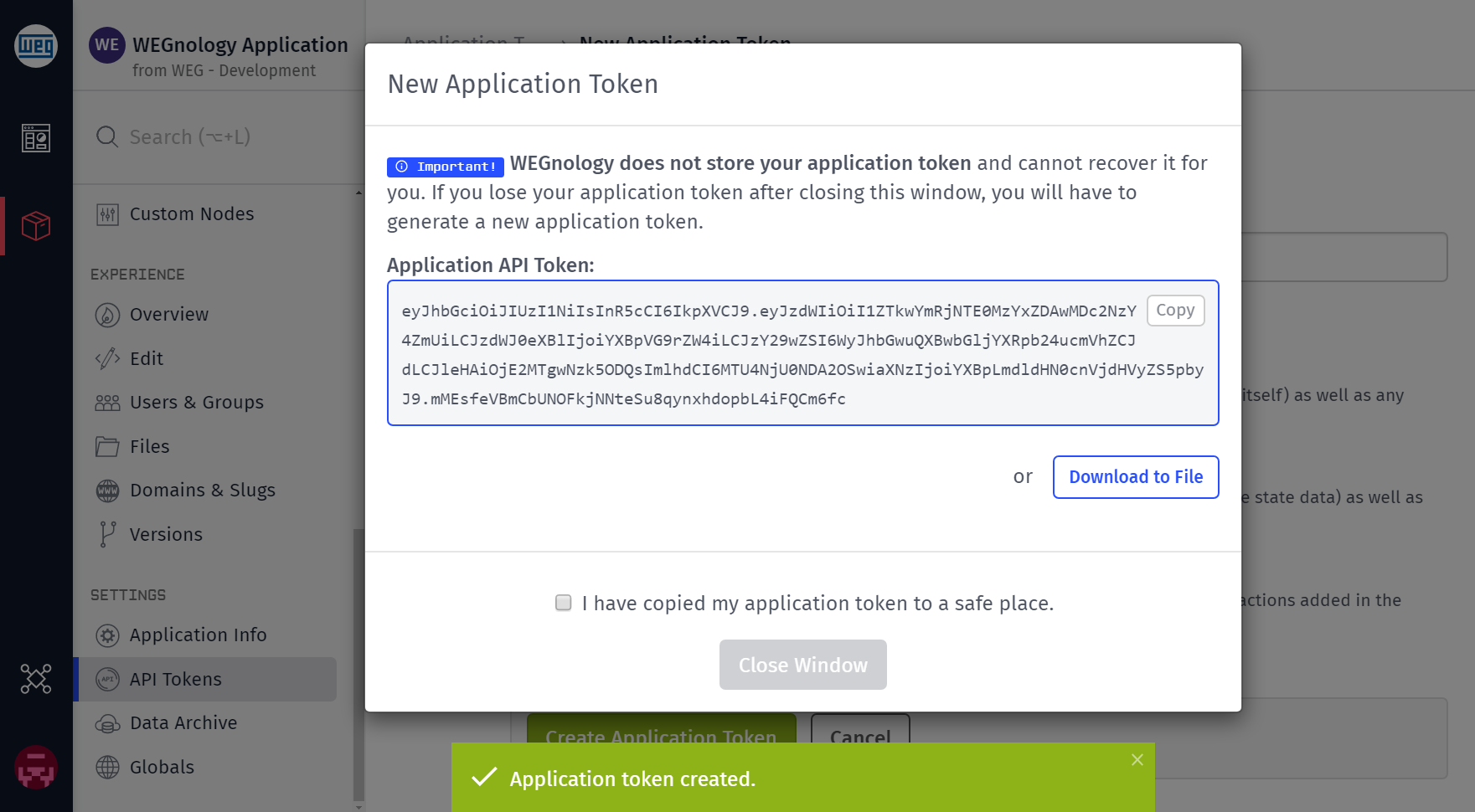 Application Token Generated