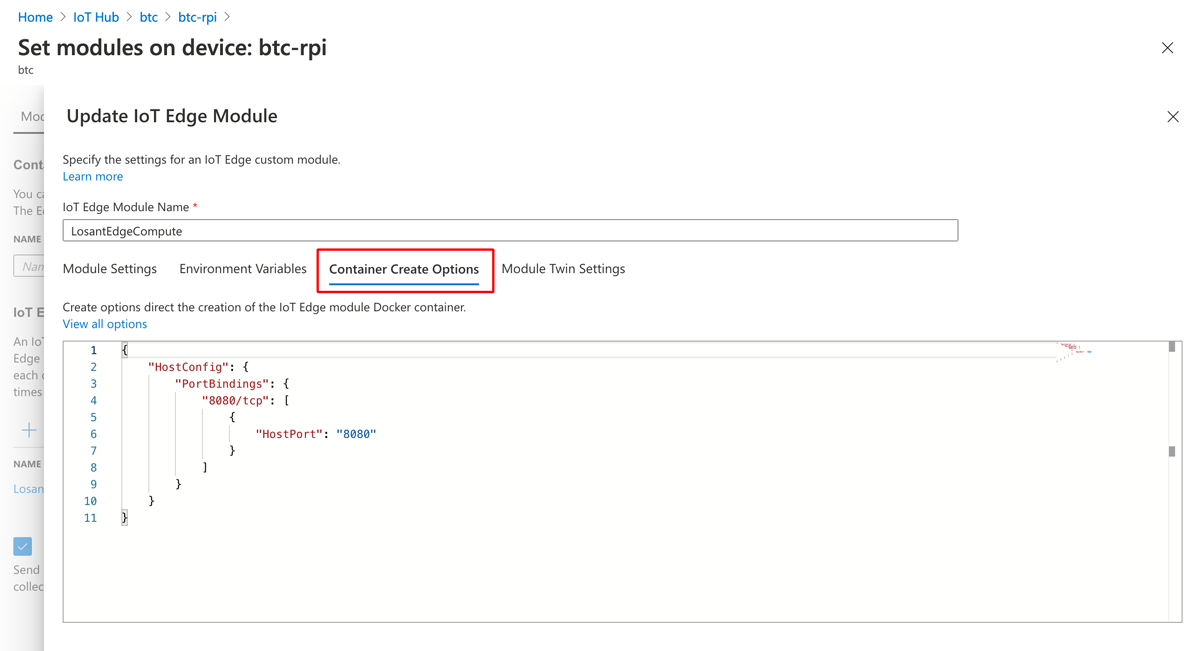 Azure IoT Container Create Options