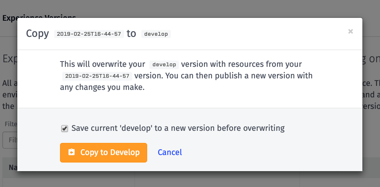Copy Version to Develop Modal