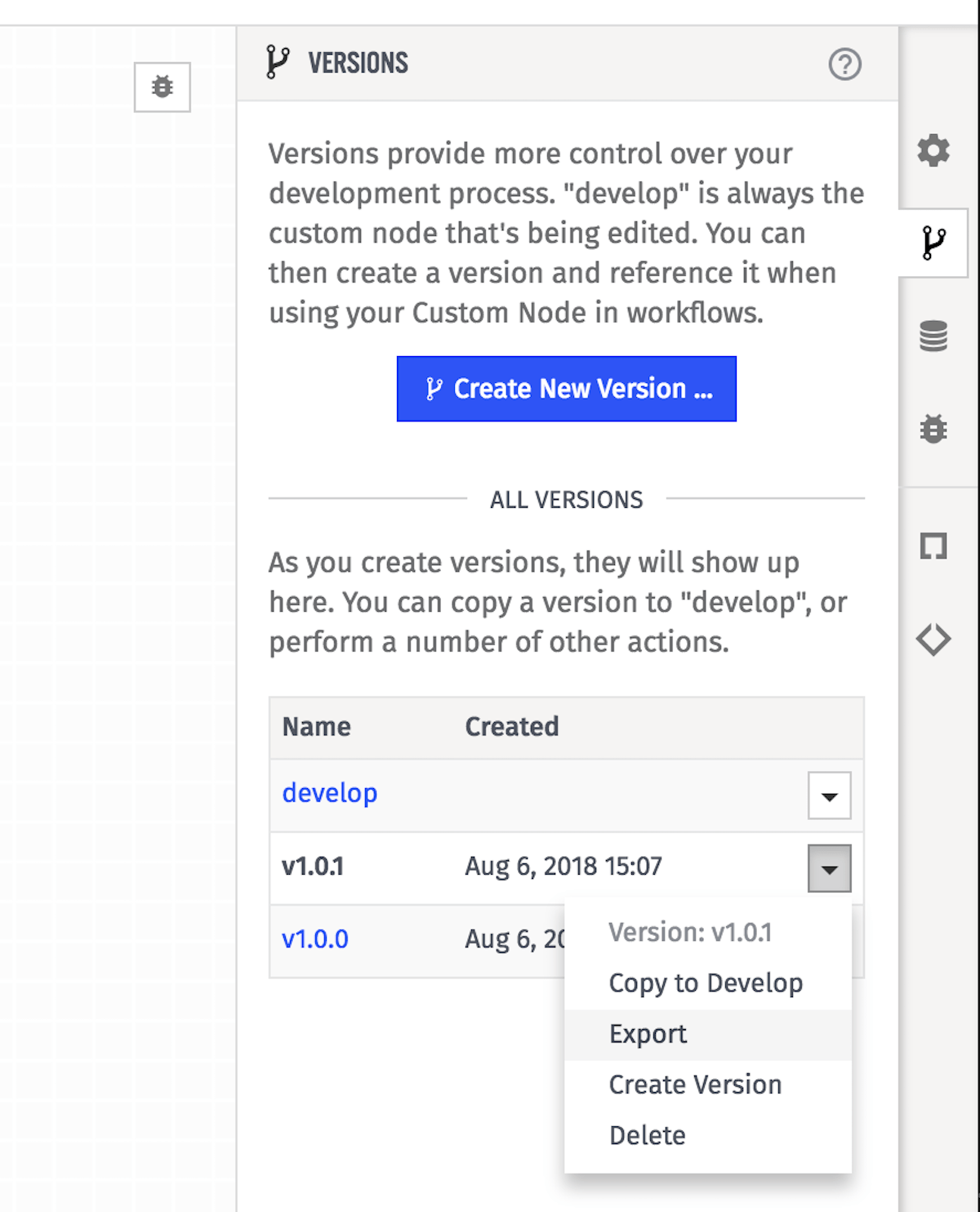 Export a specific custom node version