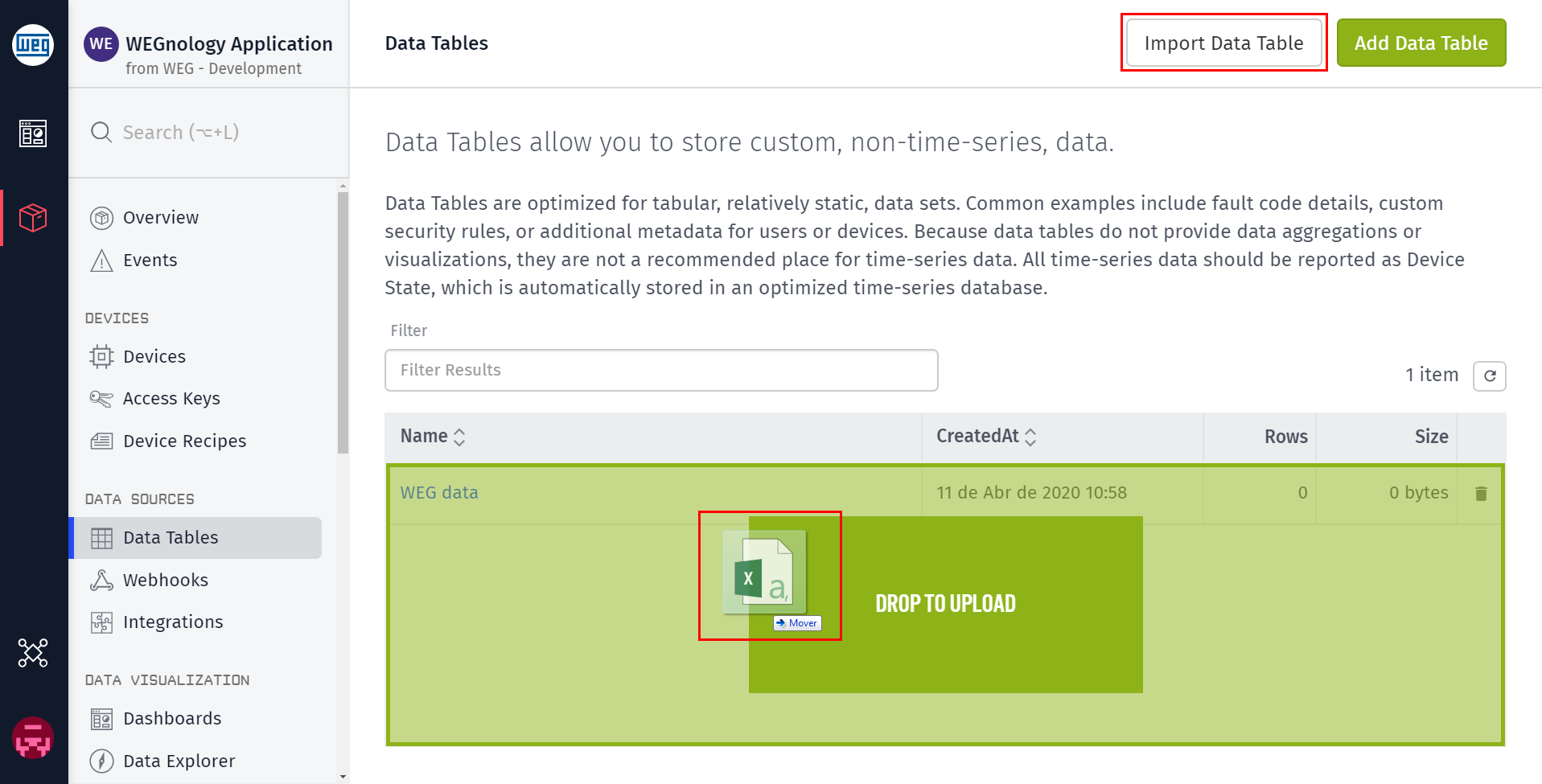 Data Table Importing Button