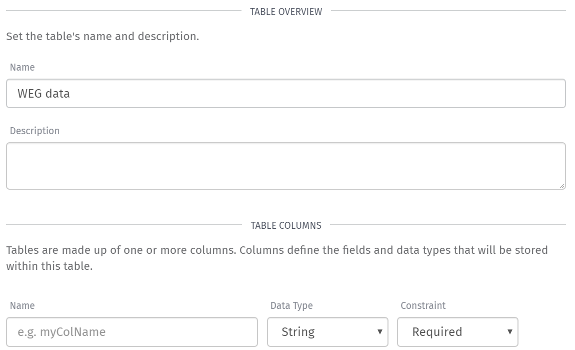 Data Table Name and Description