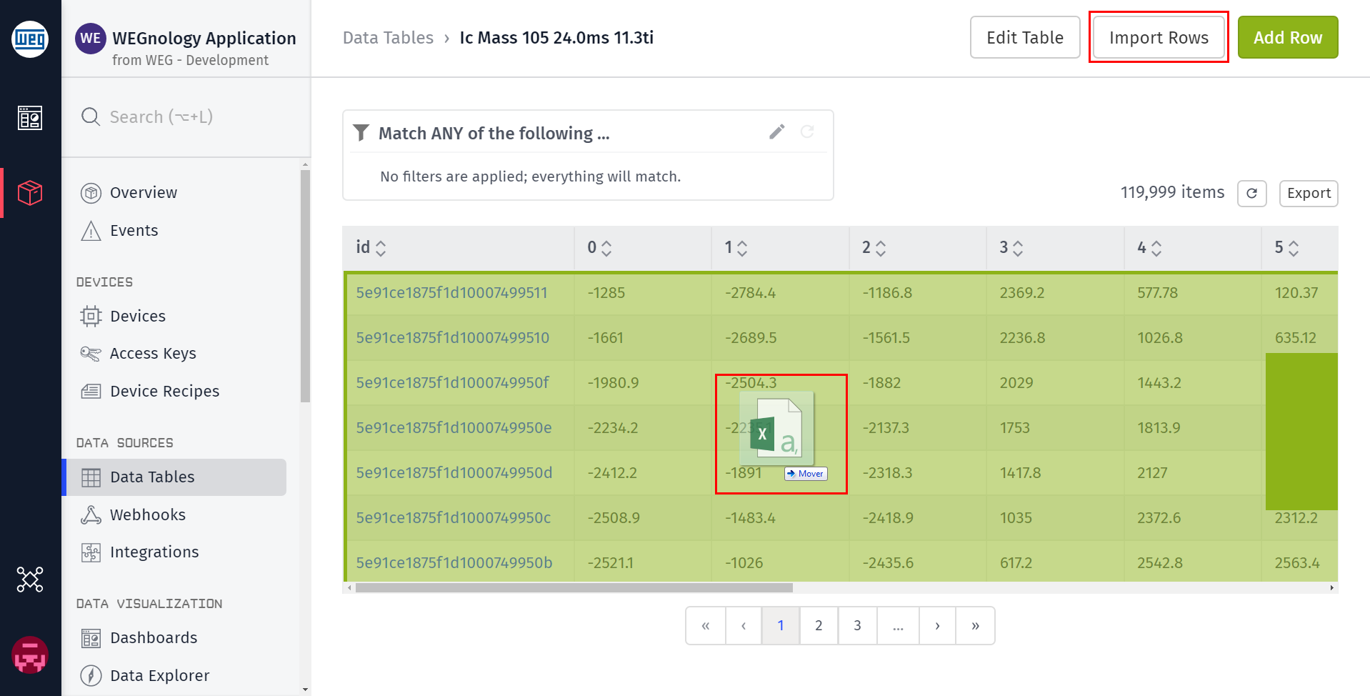 Data Table Rows Importing Button