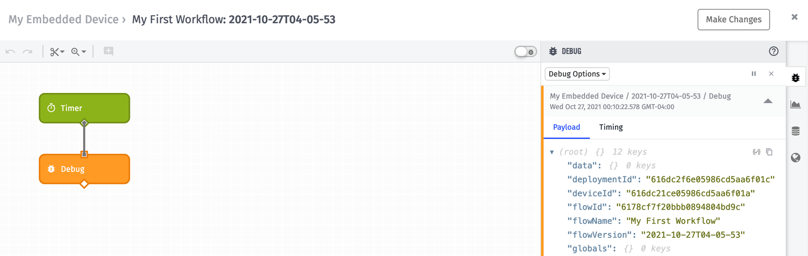 First embedded workflow live look with debug payload
