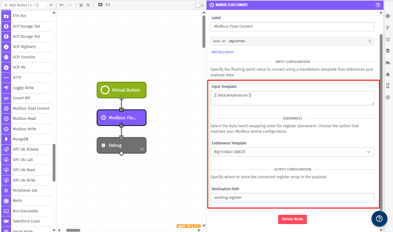 Modbus Float Convert Node Configuration