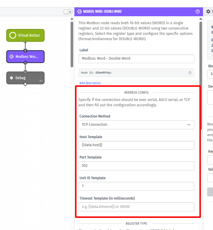 Modbus Node Word Double-Word Address Configuration