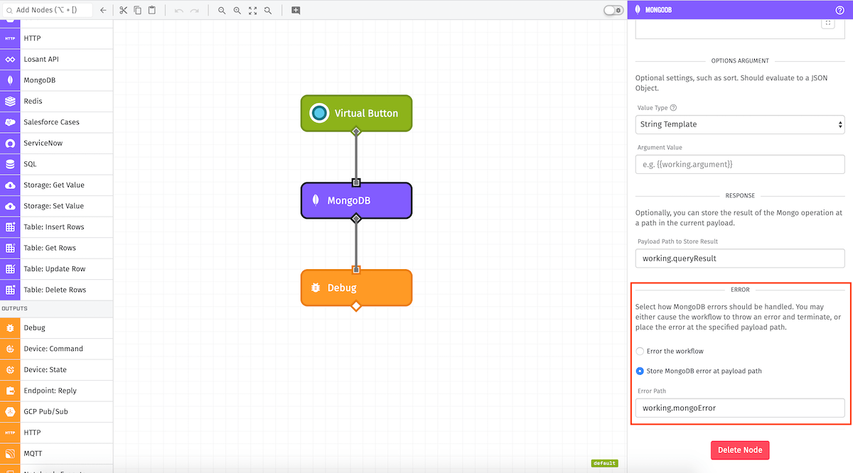 MongoDB Node Error Config