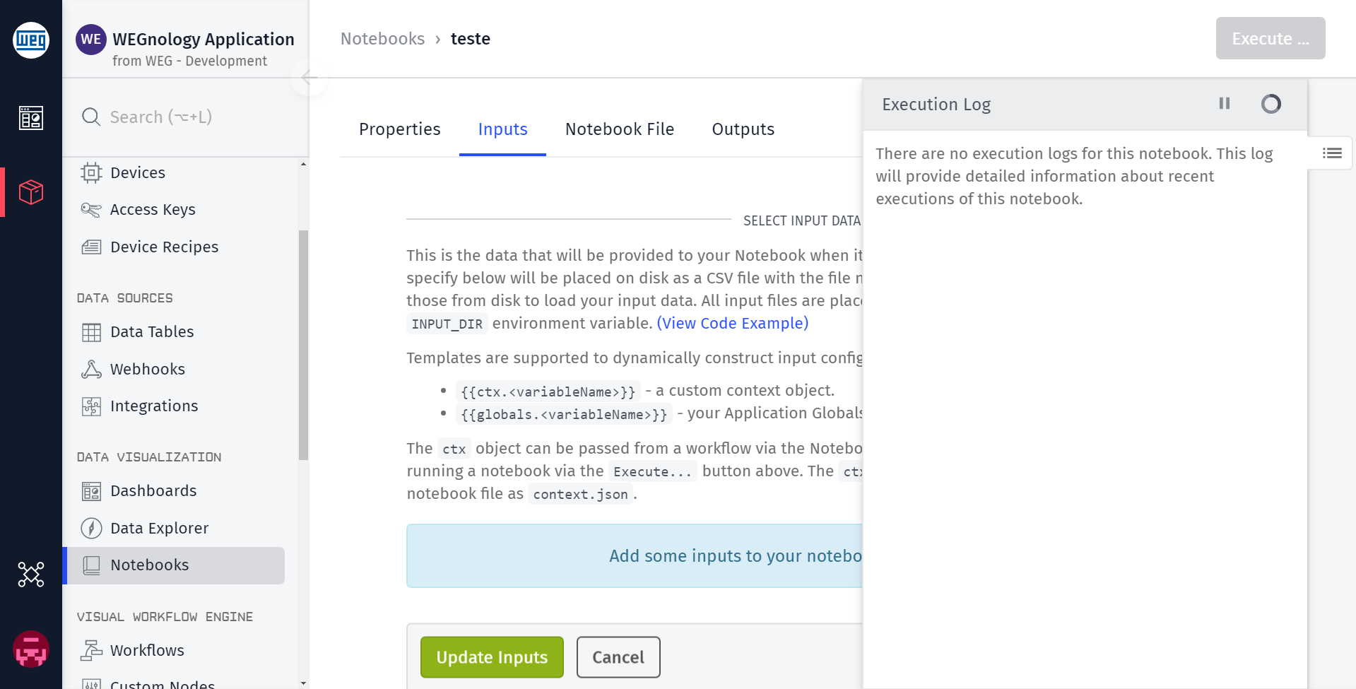 Notebook Inputs Tab