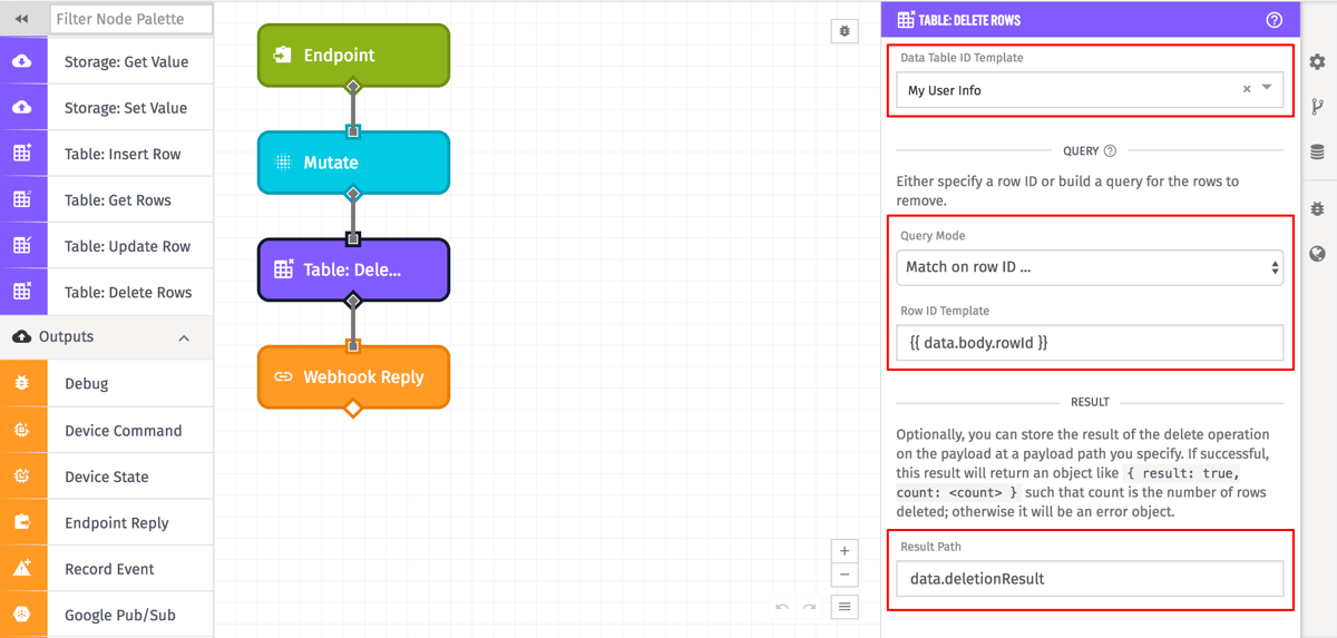 Table Delete Rows Node Config