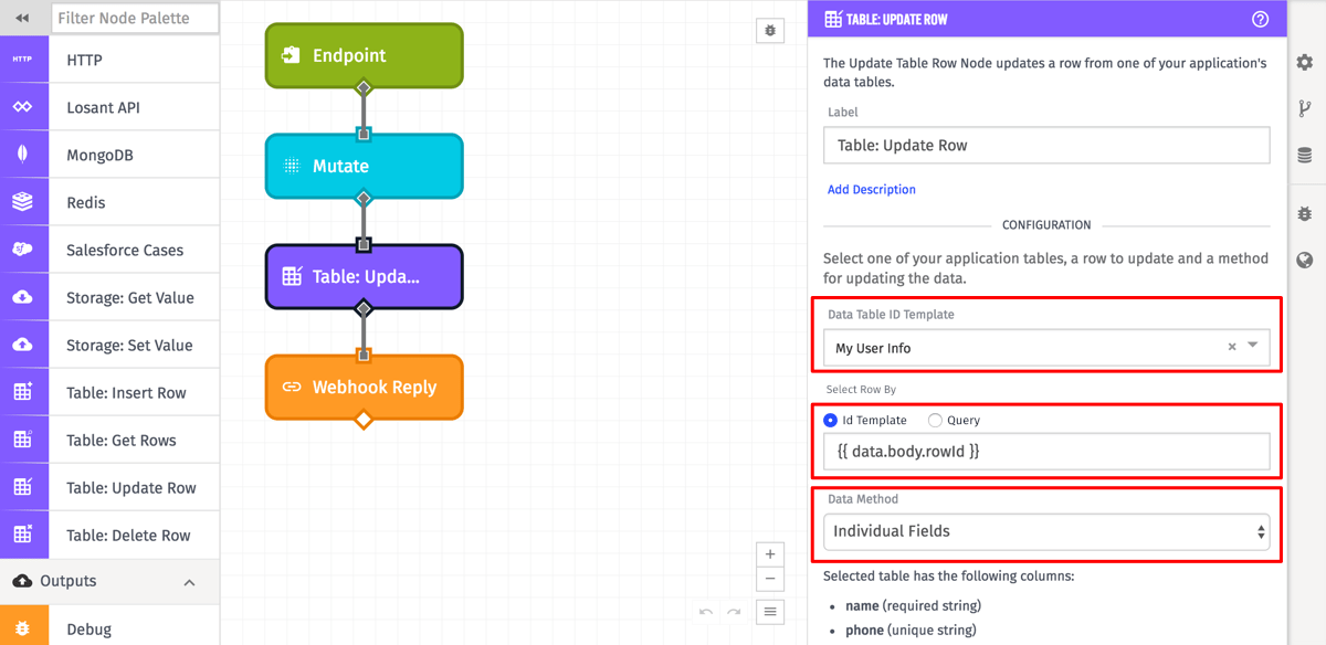 Table Update Row Node Configuration