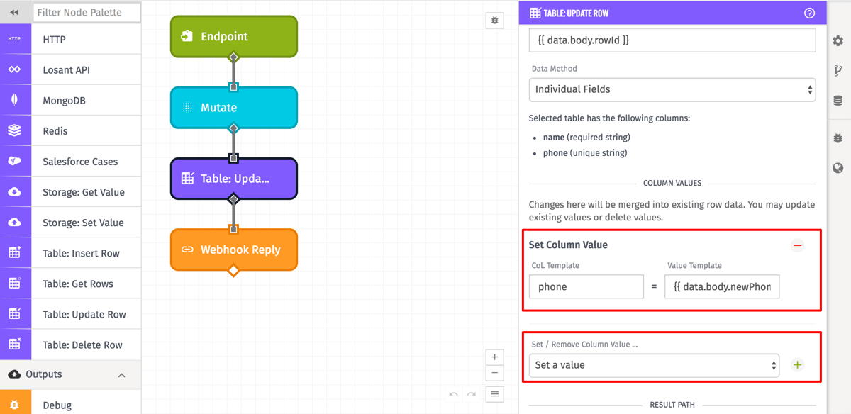 Table Update Row Node Individual Fields