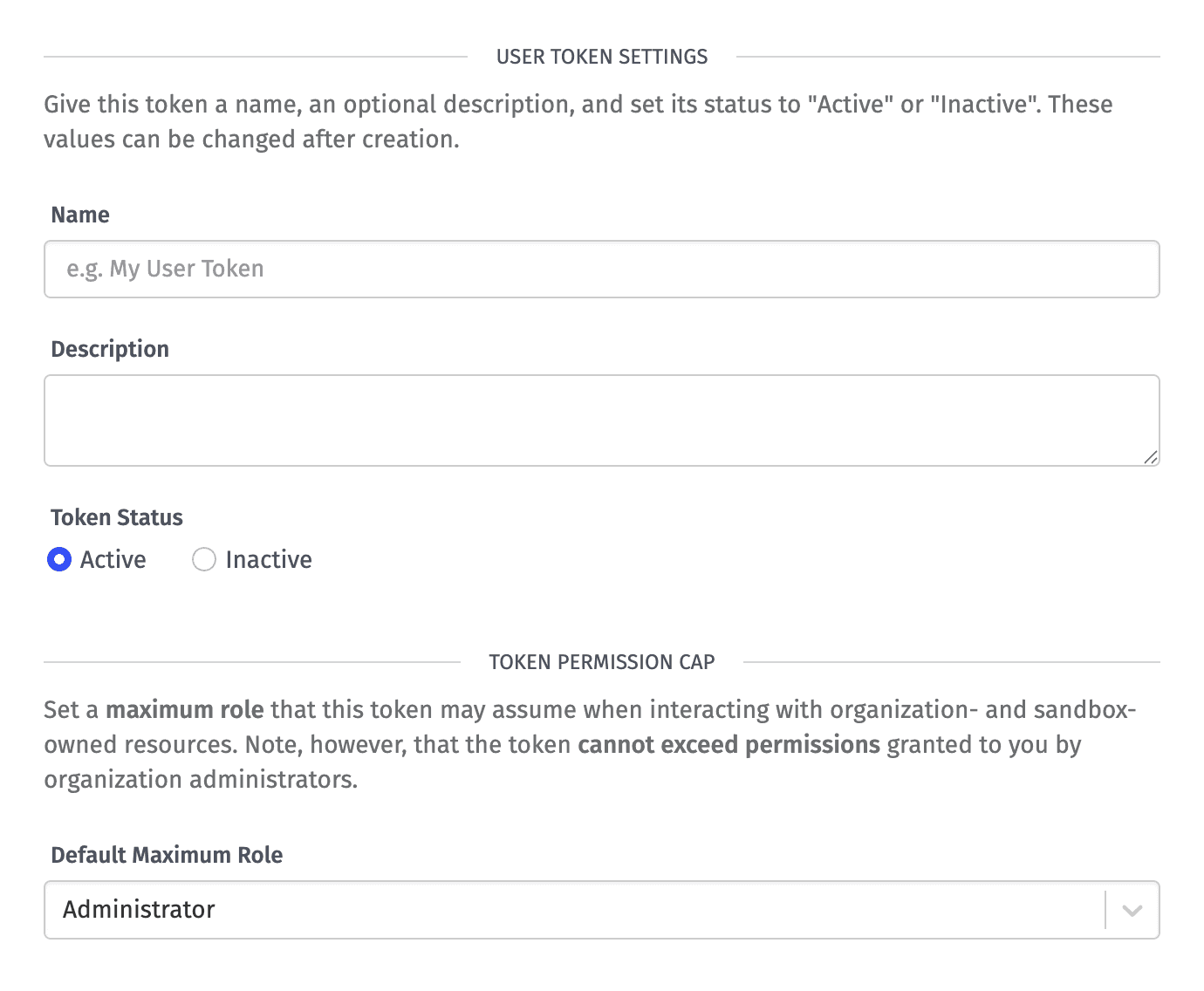 User Token Name Description and Max Role User Token Name Description and Max Role