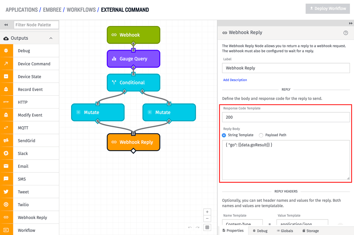 Webhook: Reply Node Config