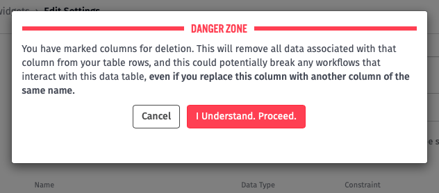 Data Table Column Delete Warning