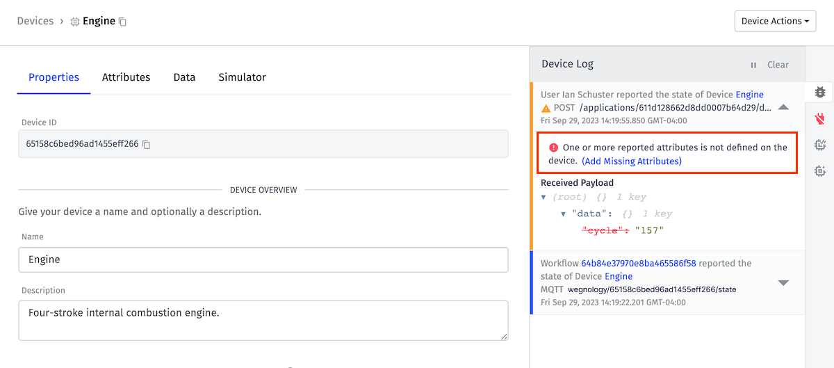 Device Log with Add Missing Attribute Link