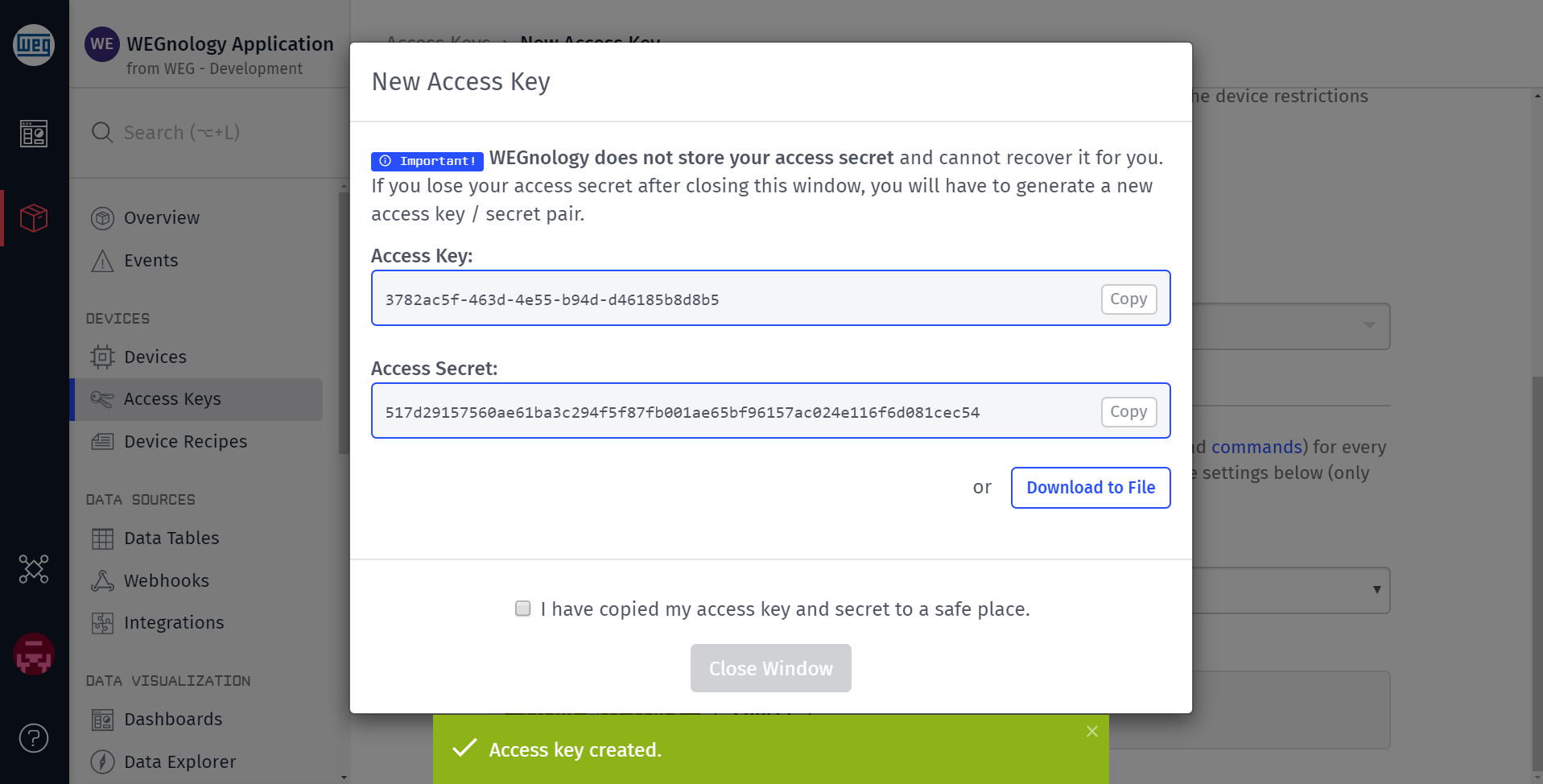 Access Key and Secret