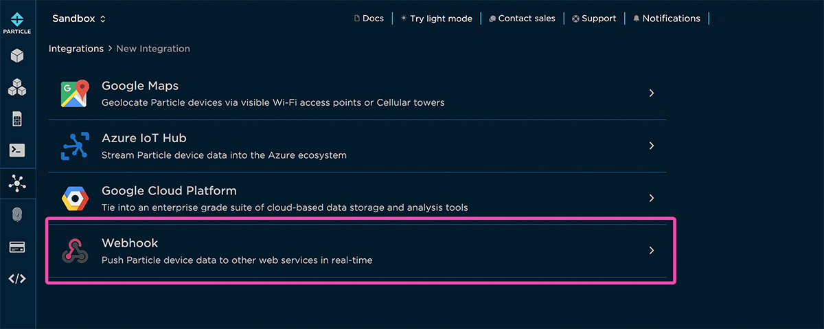 Add Particle Webhook Integration