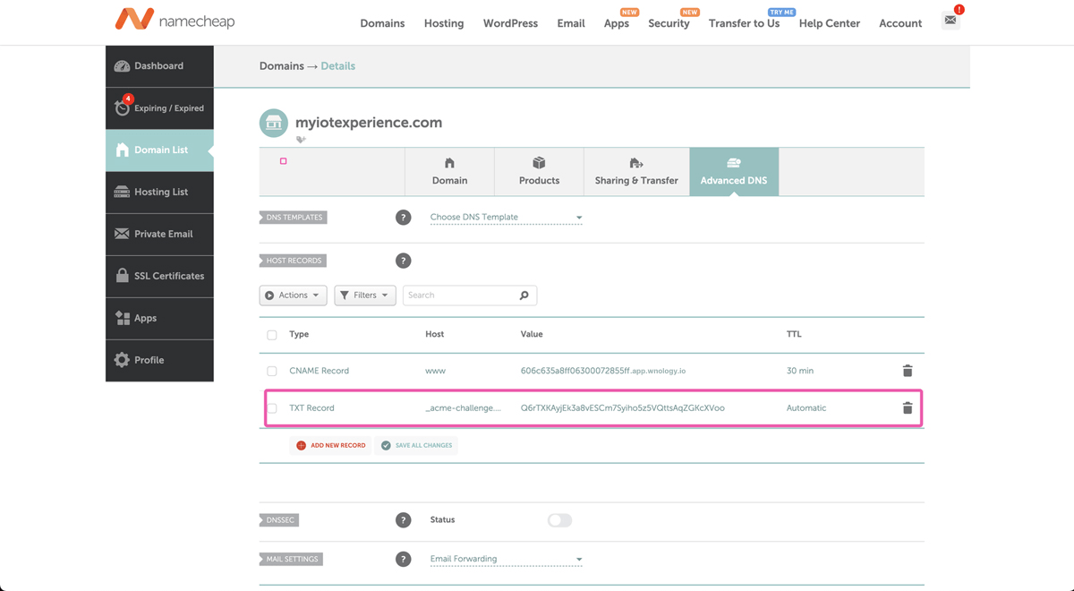 Create new TXT DNS Record