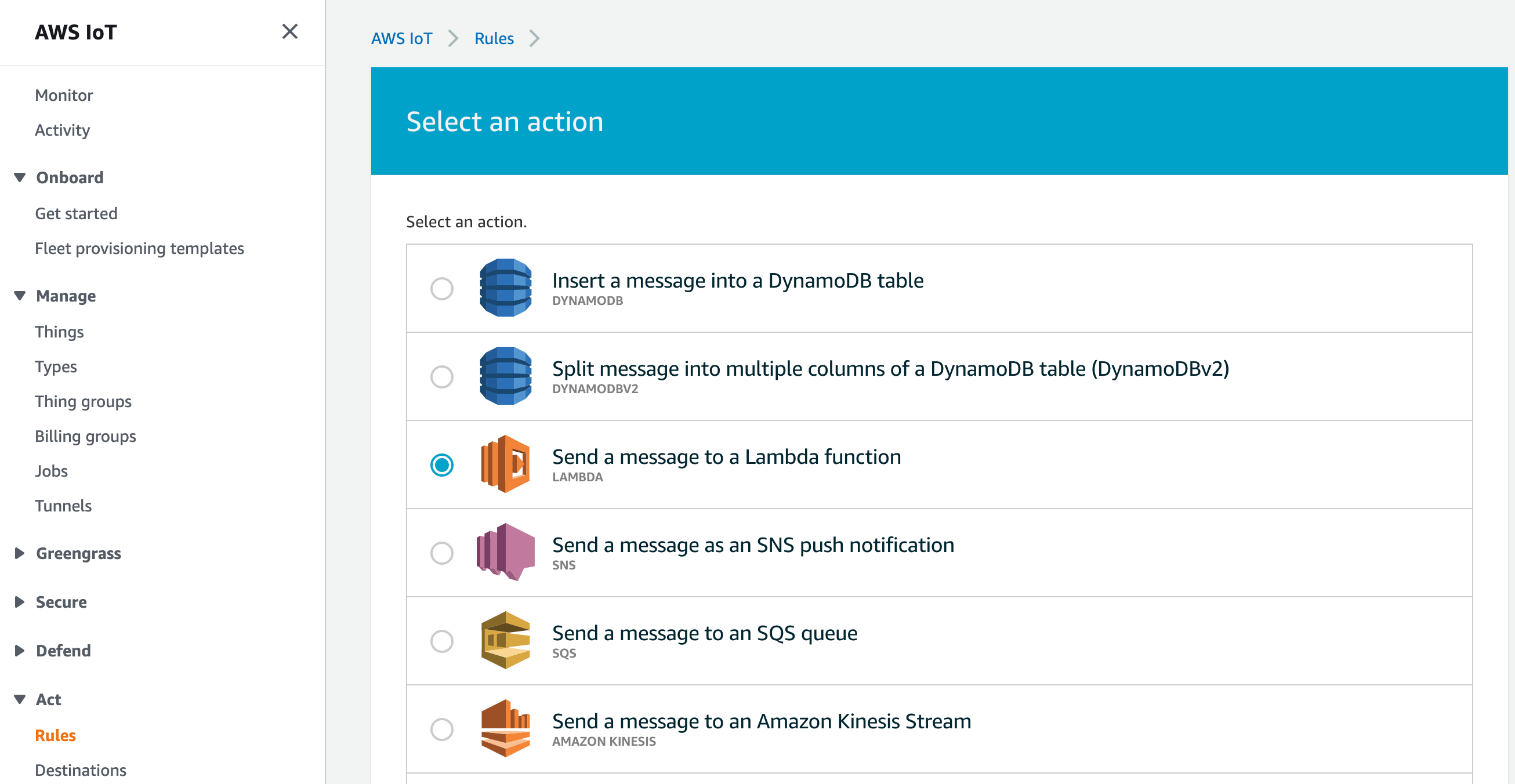 Select Lambda as AWS IOT Rule