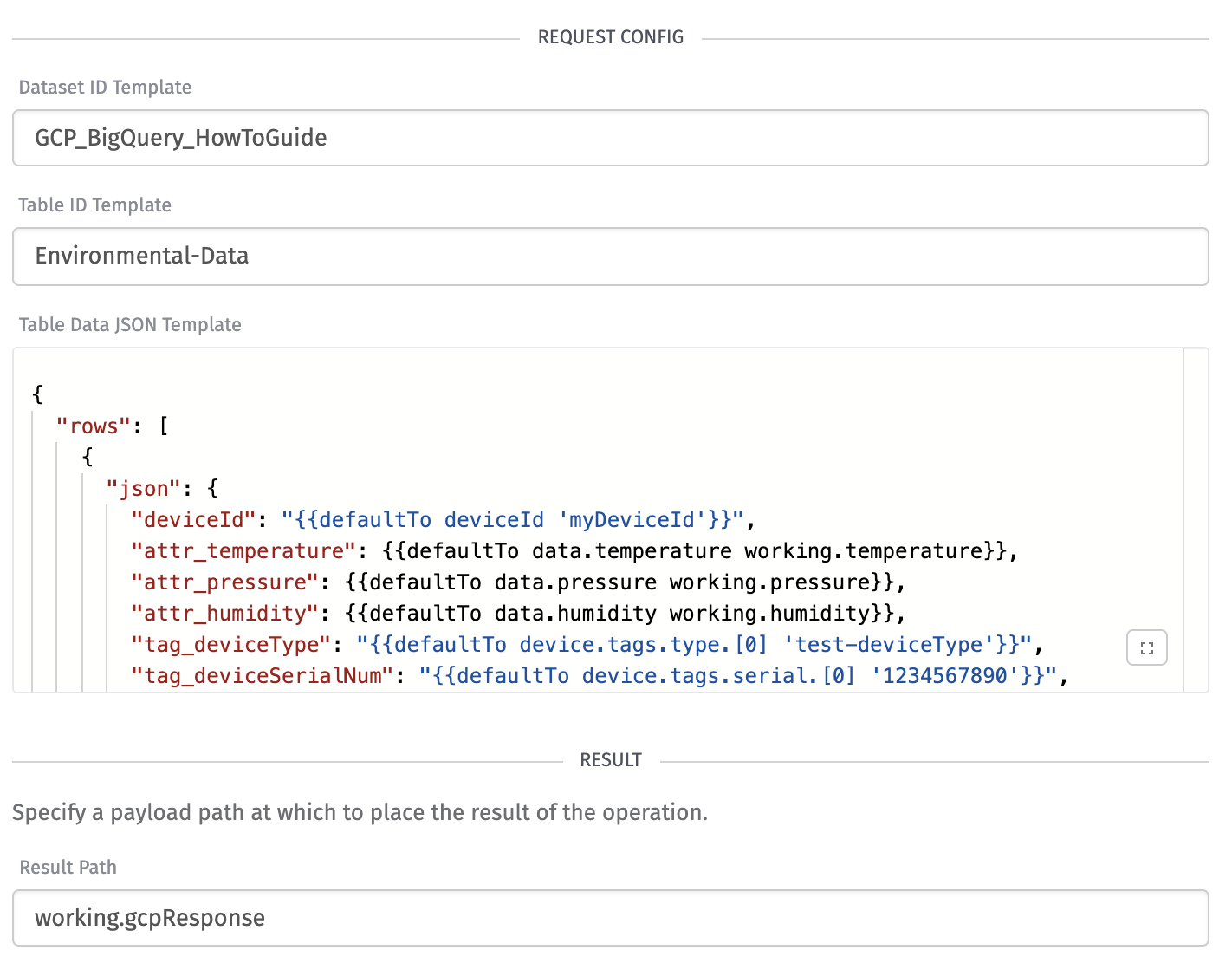 BigQuery Node full request configuration