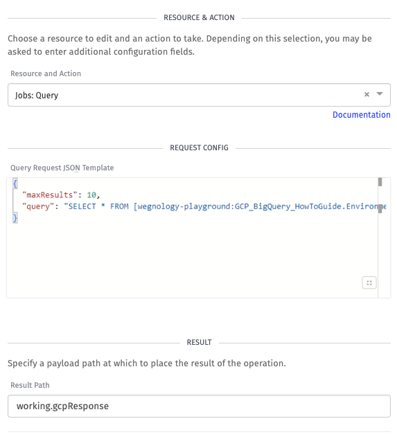 BigQuery Node configuration for query