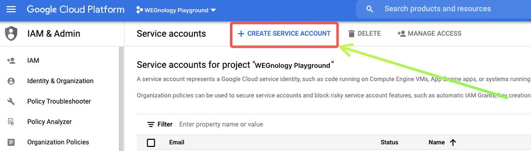 Create service account