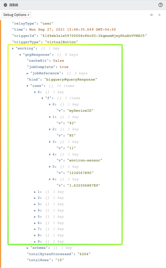 Debug message showing raw data returned from BigQuery