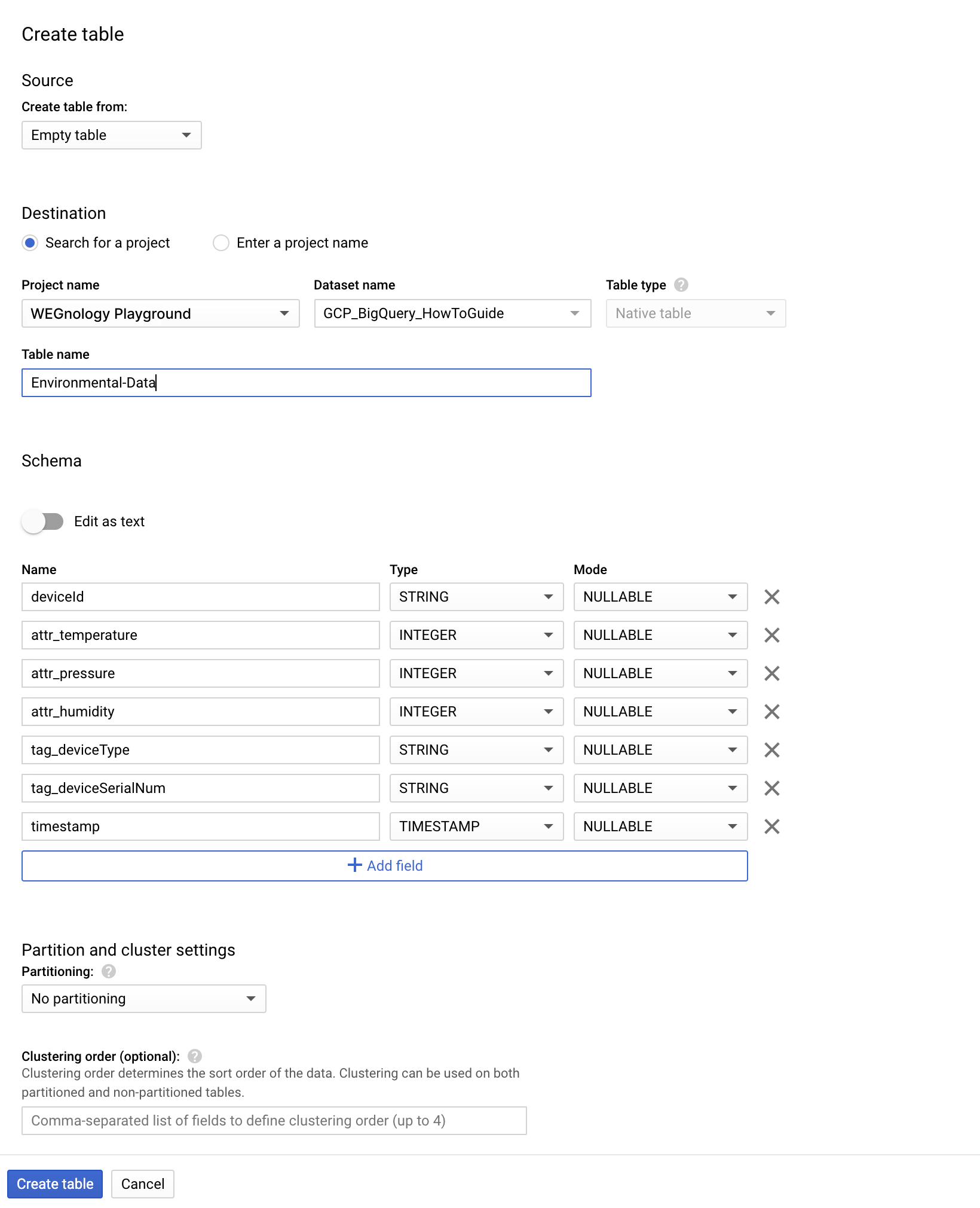 Define table schema and save table