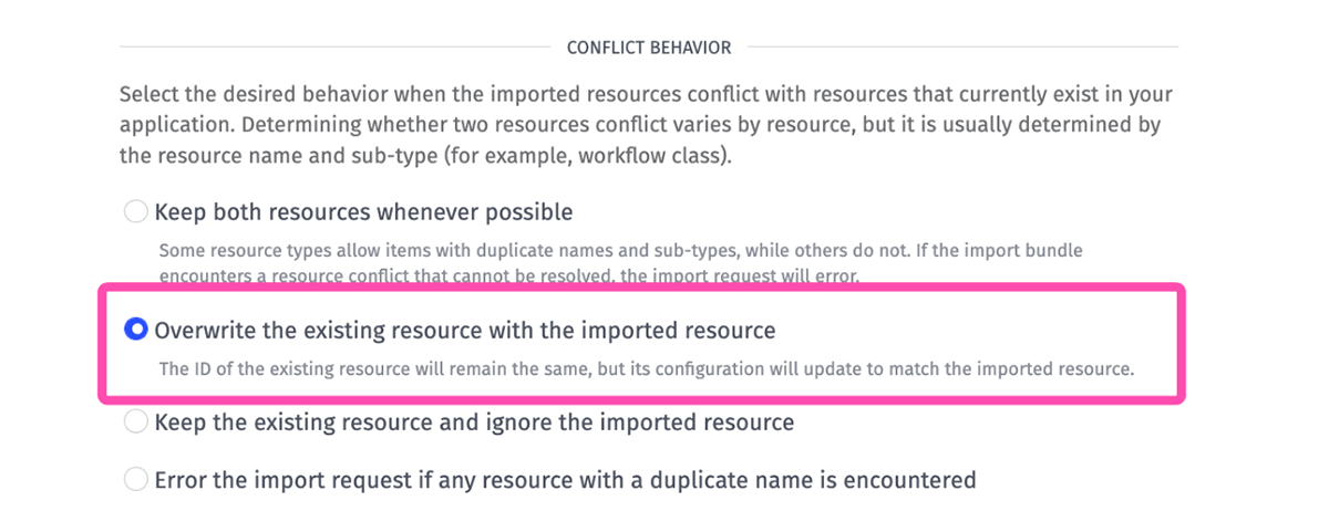 Application Import Conflict Behavior