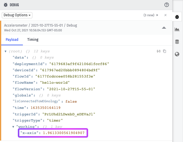 Debug output after workflow deploy highlighting x-axis reading