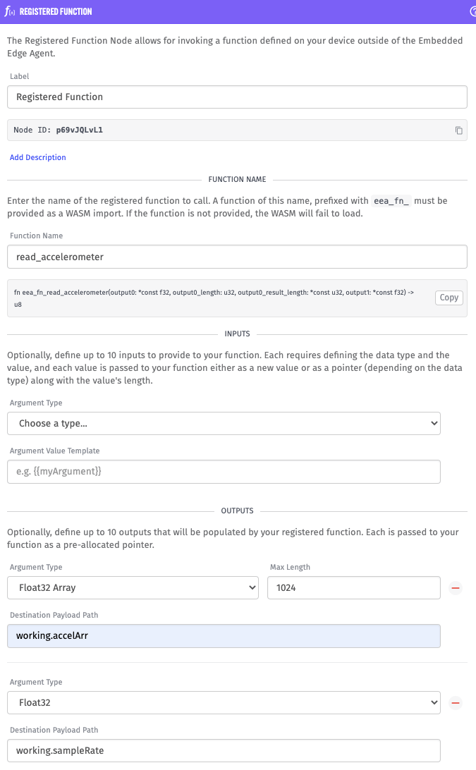 Registered function configuration with an array of float output