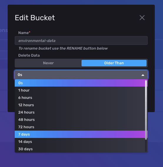 InfluxDB bucket retention configuration modal