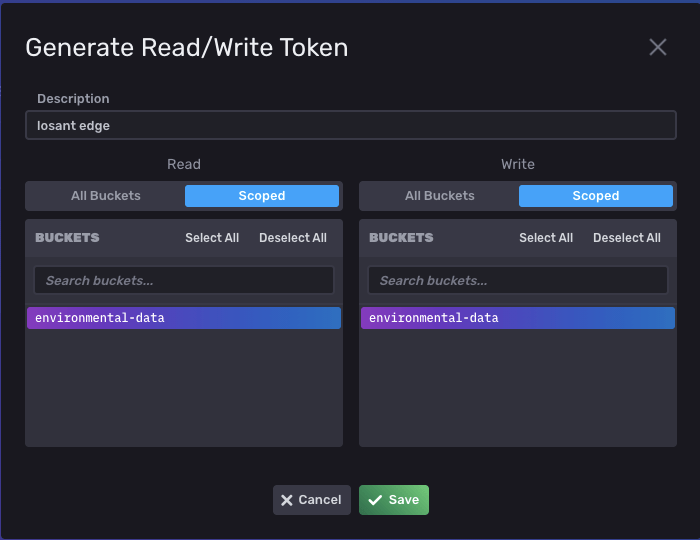 InfluxDB token generation configuration modal