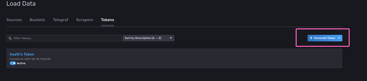 InfluxDB Token screen with Generate Token highlighted