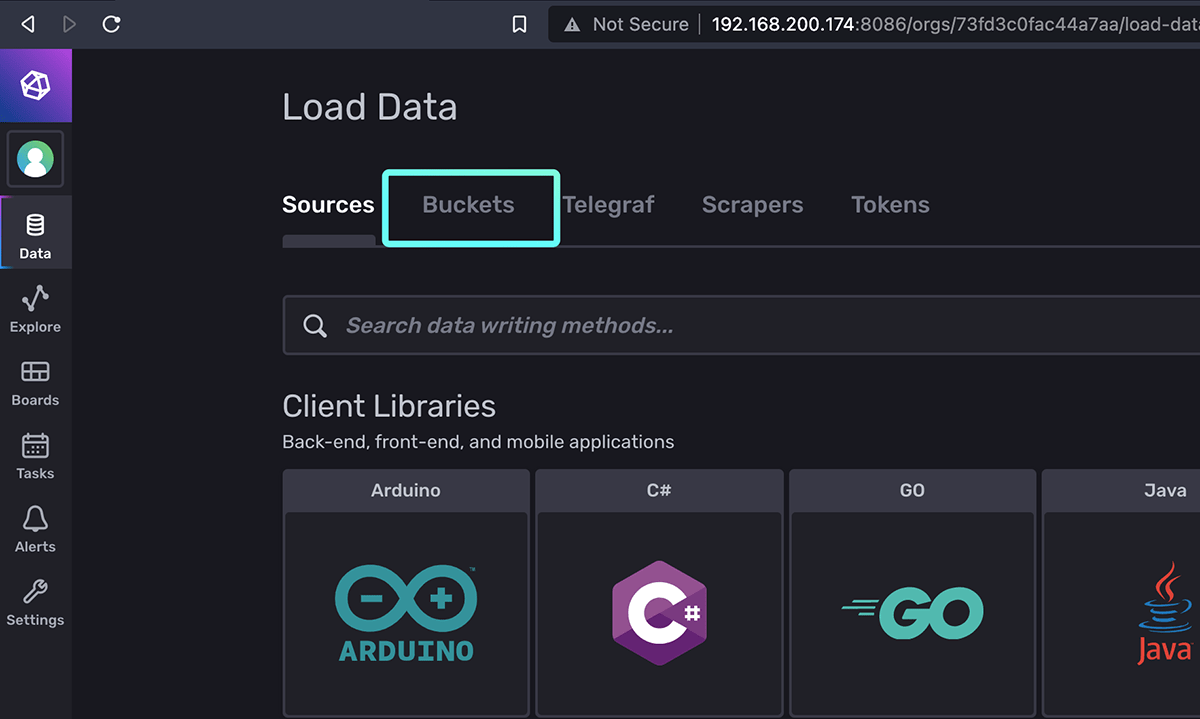 InfluxDB Data page with Buckets highlighted