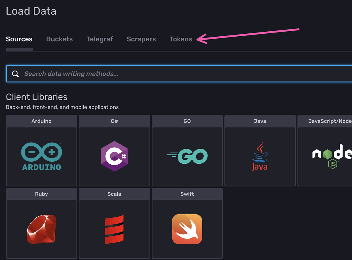 InfluxDB Data screen with Tokens highlighted