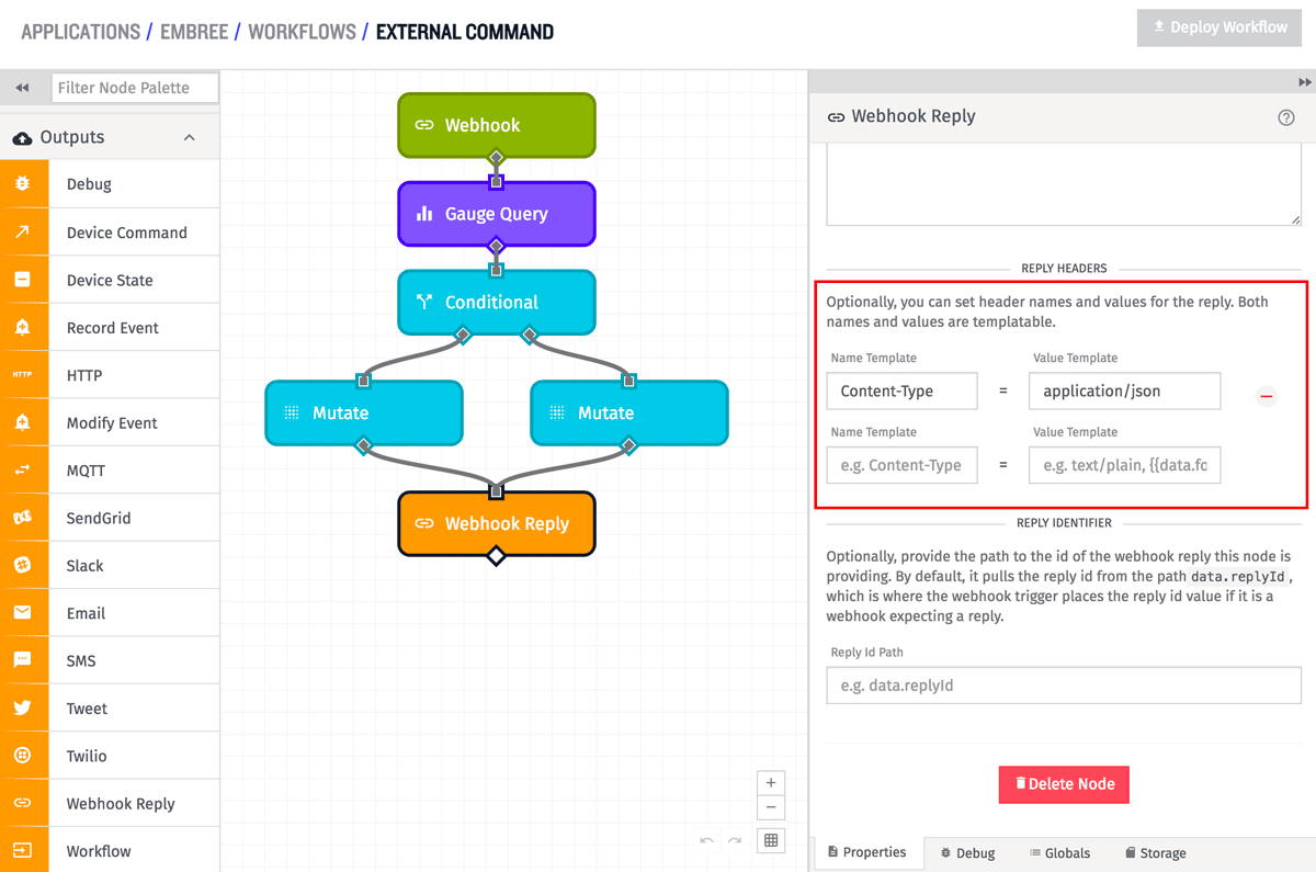 Webhook Reply Node Header Config