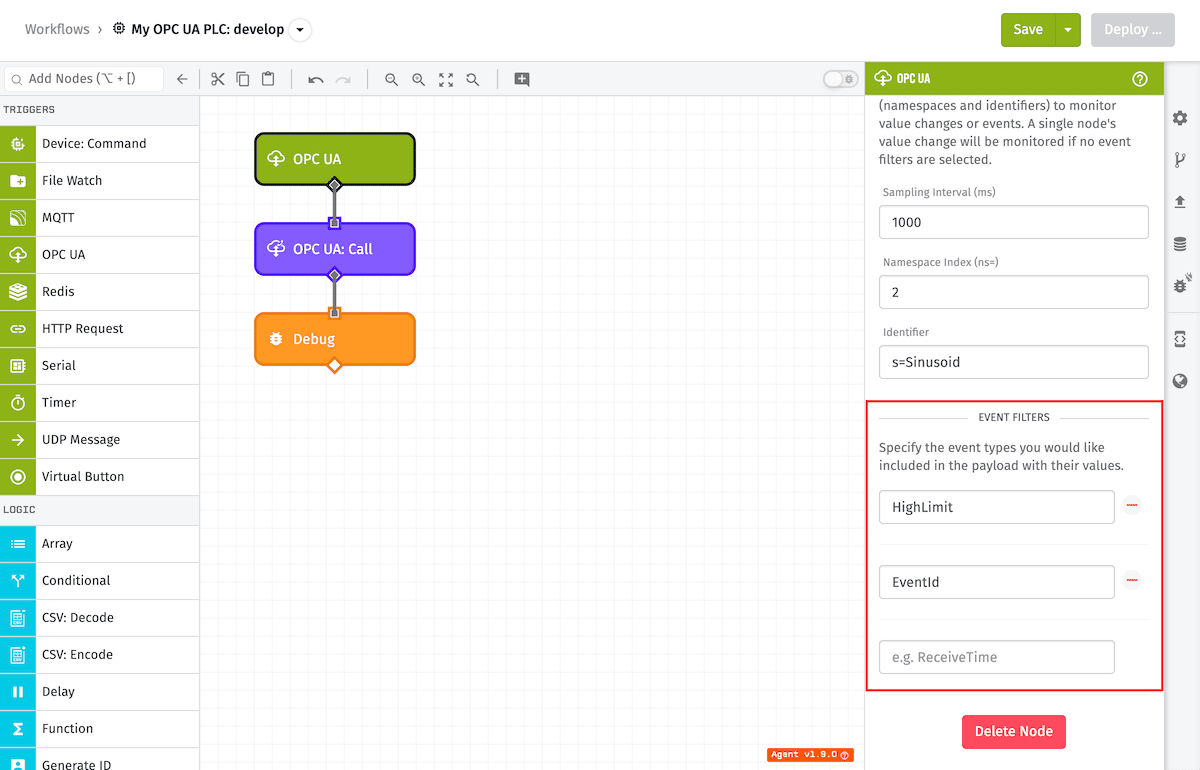 OPC UA Trigger Node Event Filters